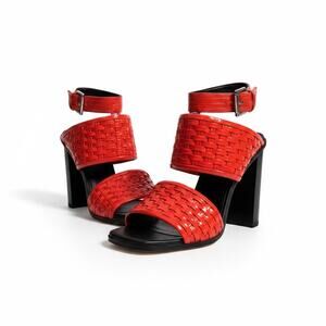 Sigerson Morrison Leather Braided High Black Heels Woven Sandal Red Size 6 NWOB